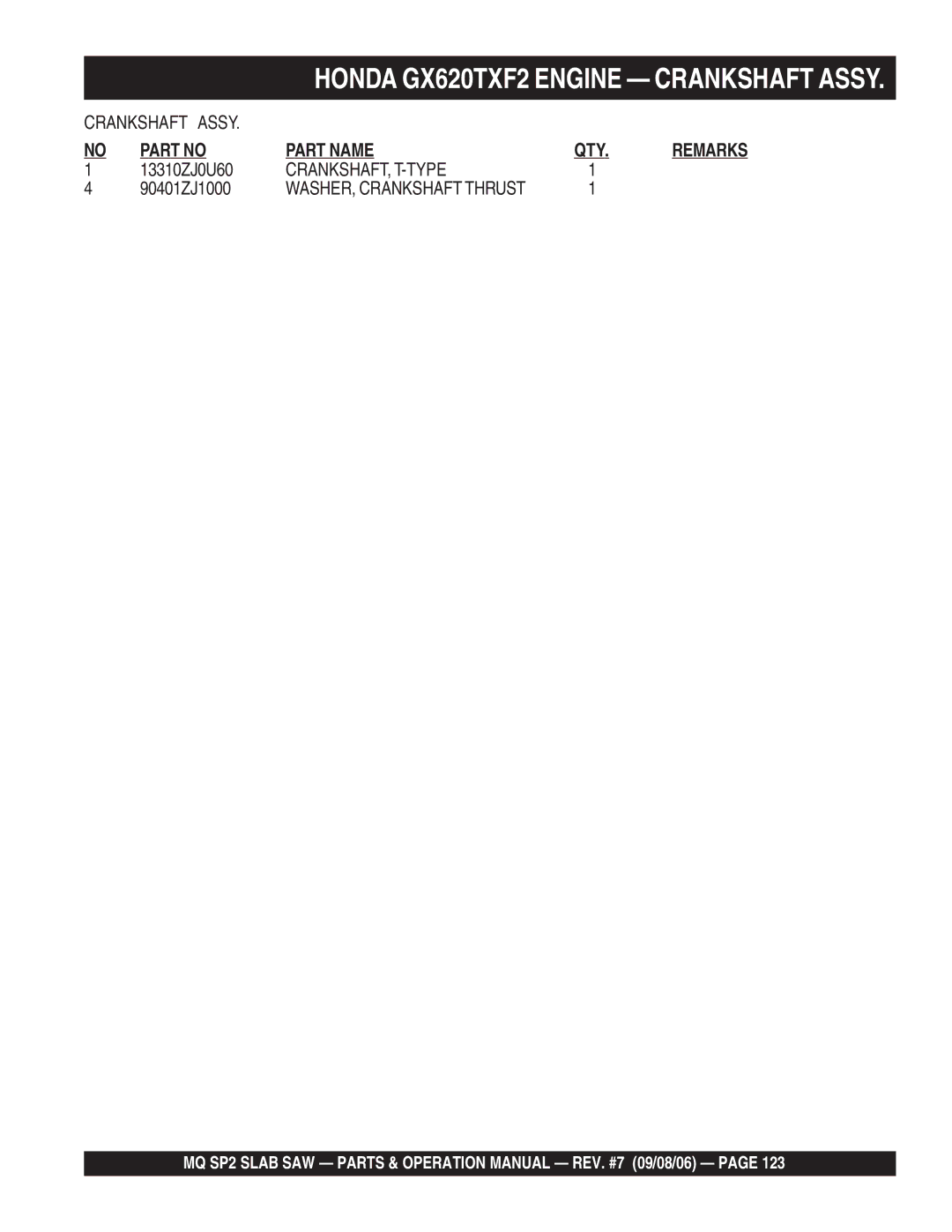 Multiquip SP2S20H20, SP213H20, SP2S13H20 manual Crankshaft, T-Type 