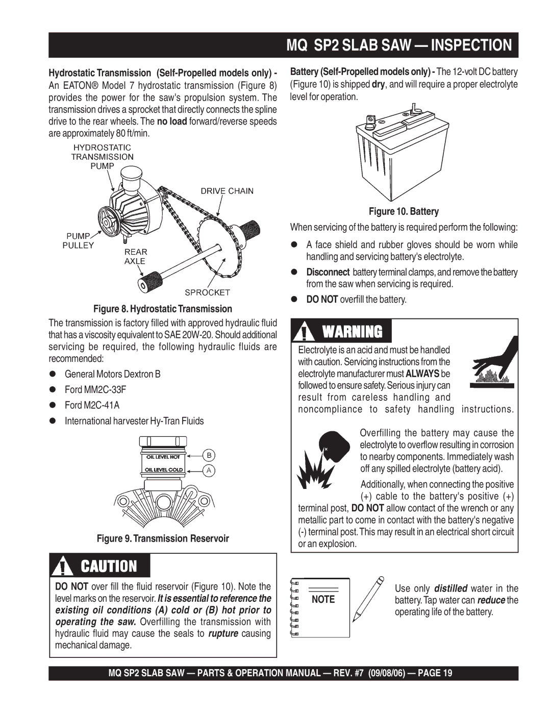 Multiquip SP213H20, SP2S20H20, SP2S13H20 manual Additionally, when connecting the positive, Use only distilled water 