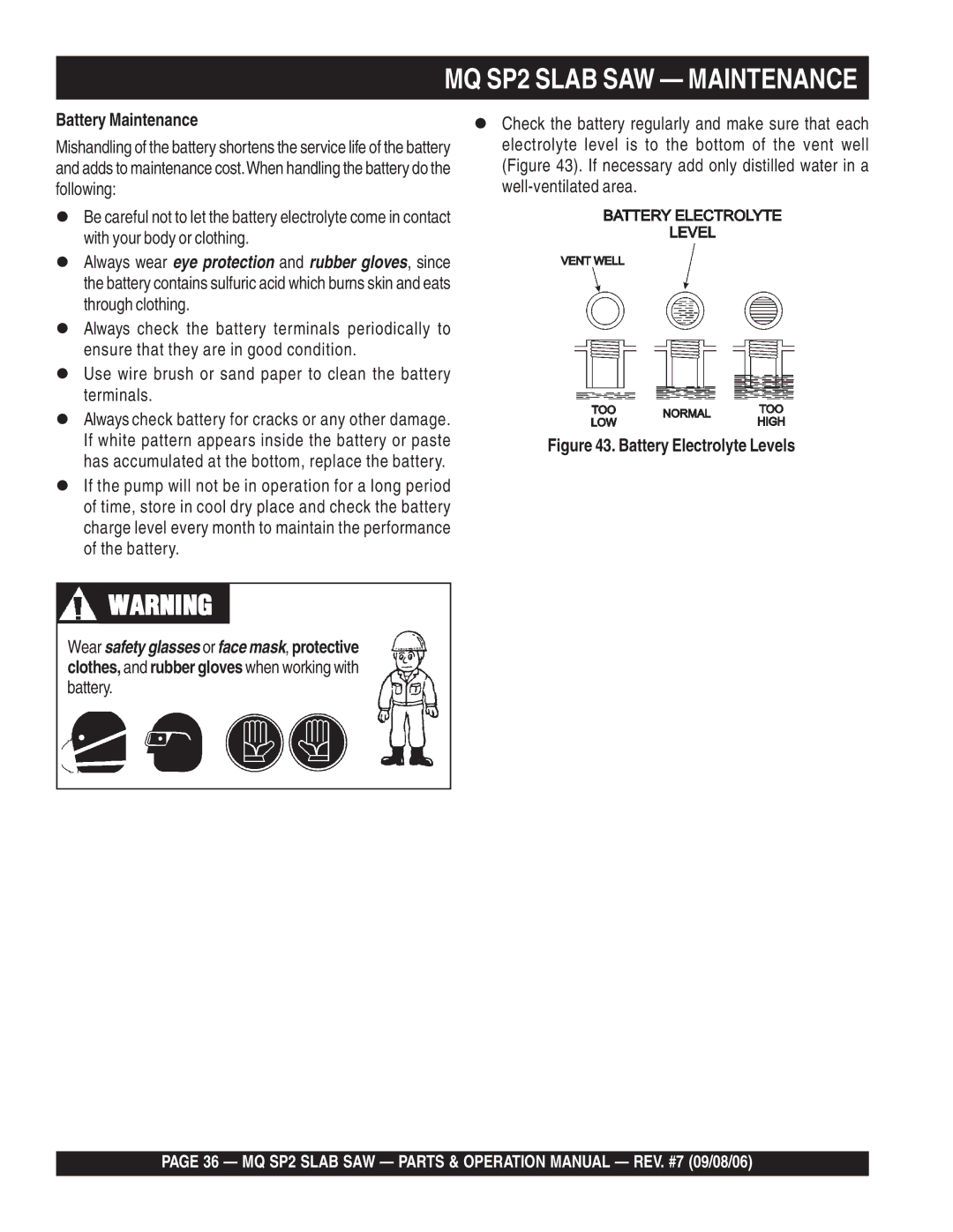 Multiquip SP2S20H20, SP213H20, SP2S13H20 manual Battery Maintenance, Battery Electrolyte Levels 