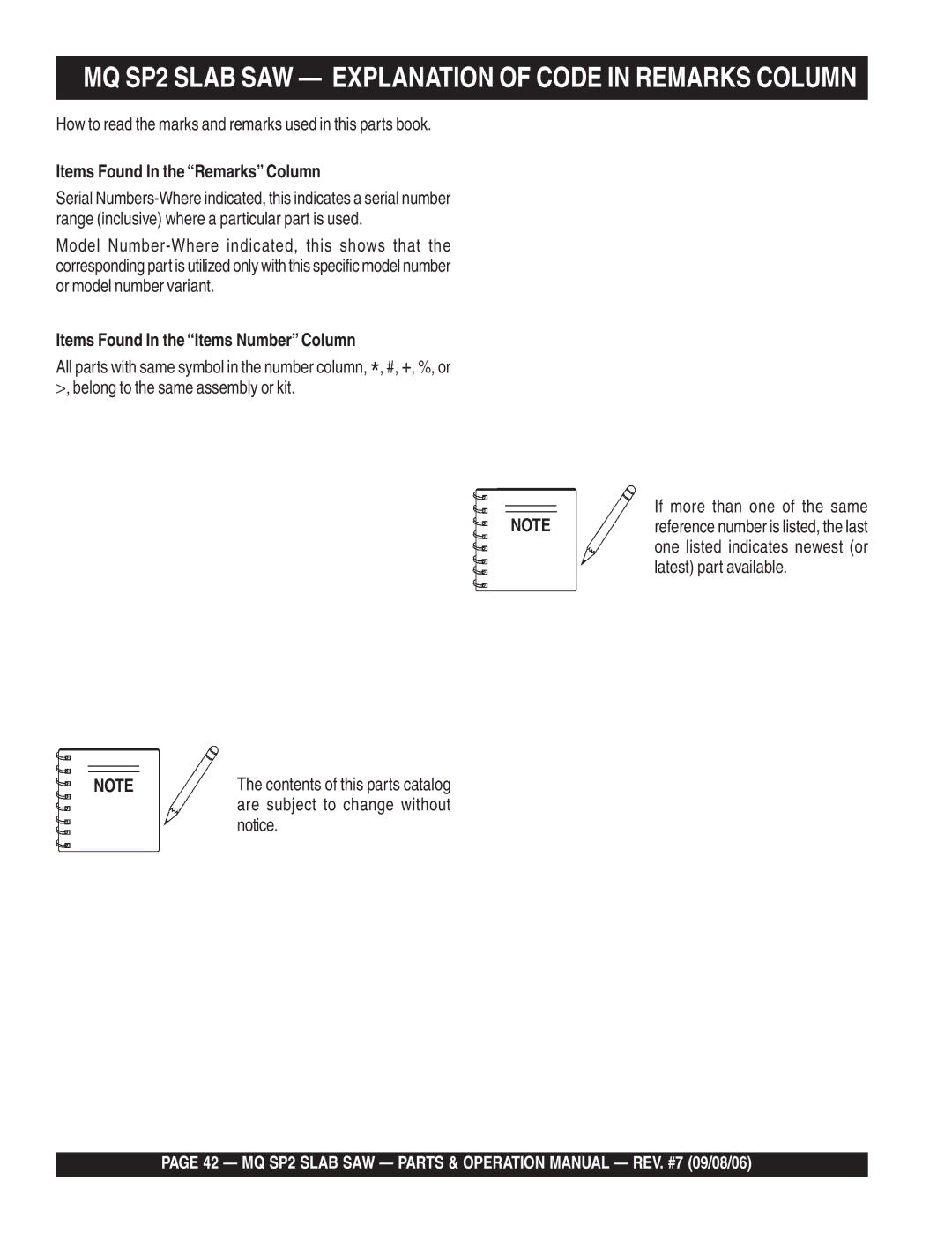 Multiquip SP2S20H20, SP213H20 How to read the marks and remarks used in this parts book, Items Found In the Remarks Column 