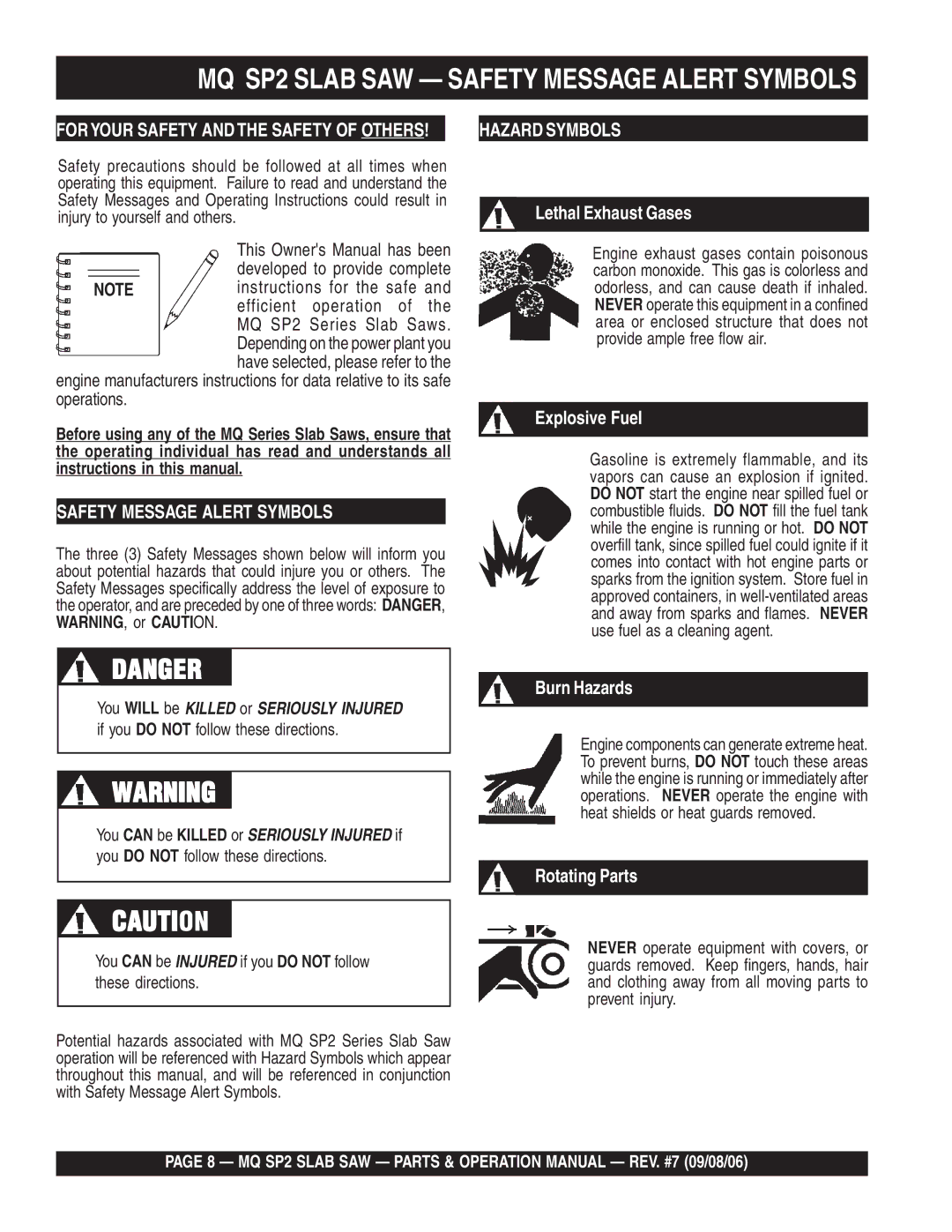 Multiquip SP2S13H20, SP2S20H20 manual MQ SP2 Slab SAW Safety Message Alert Symbols, If you do not follow these directions 