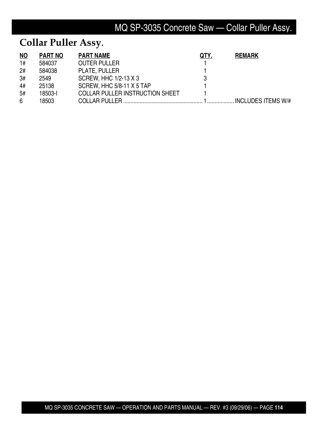 Multiquip SP303516, SP303530, SP303526, SP303520 manual Outer Puller, PLATE, Puller, Collar Puller Instruction Sheet 