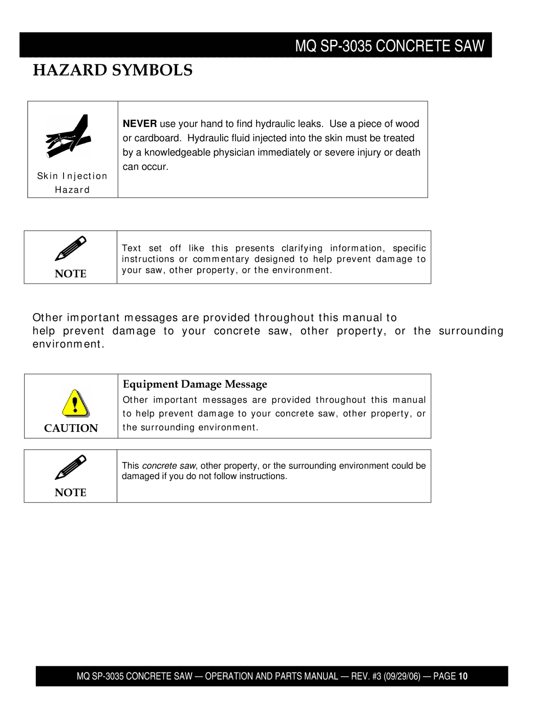 Multiquip SP303516, SP303530, SP303526, SP303520 manual Equipment Damage Message 