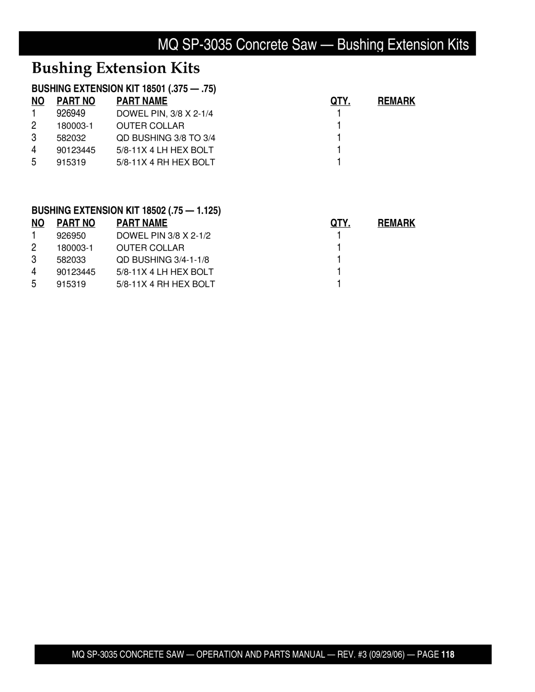 Multiquip SP303516, SP303530, SP303526, SP303520 manual Bushing Extension KIT 18501 .375 