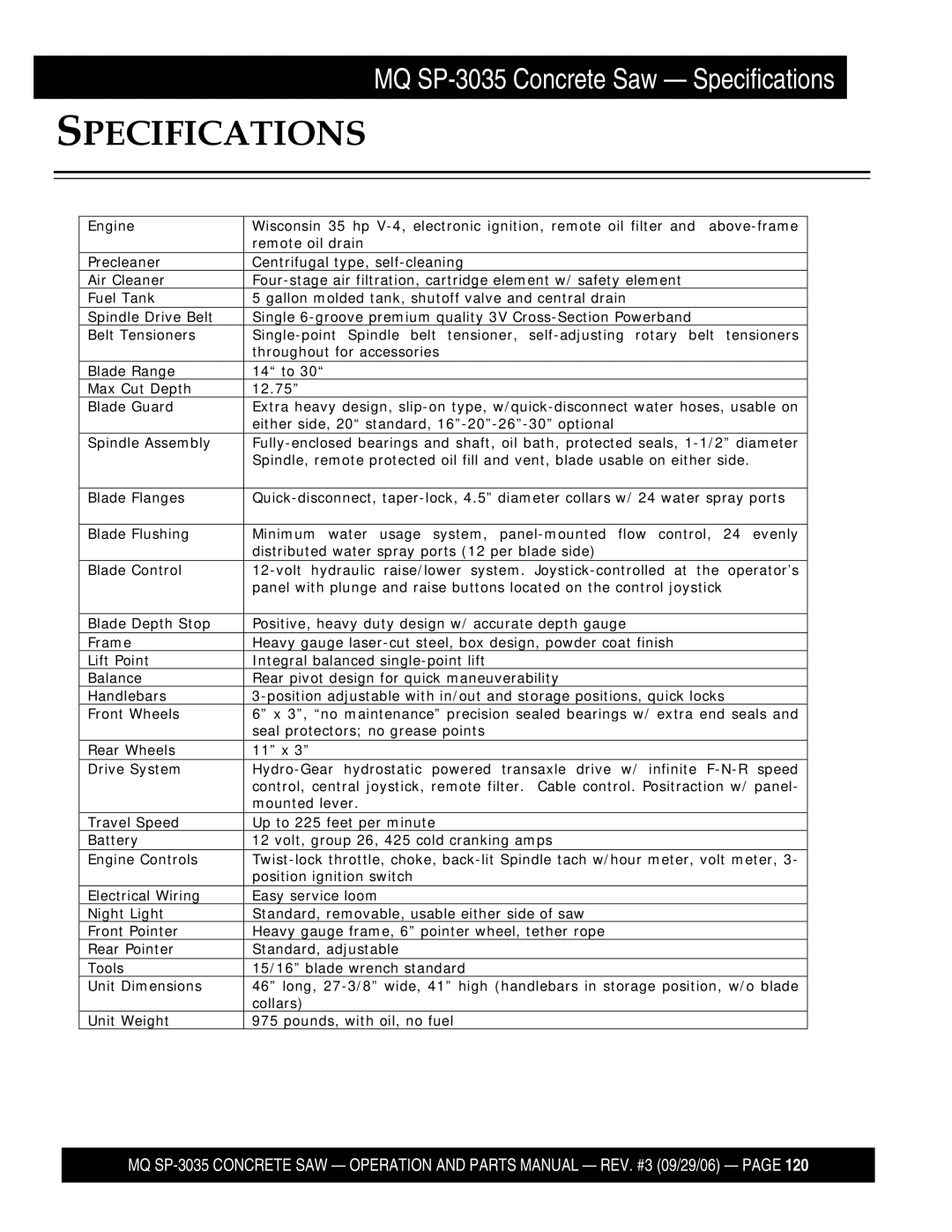 Multiquip SP303526, SP303516, SP303530, SP303520 manual Specifications 