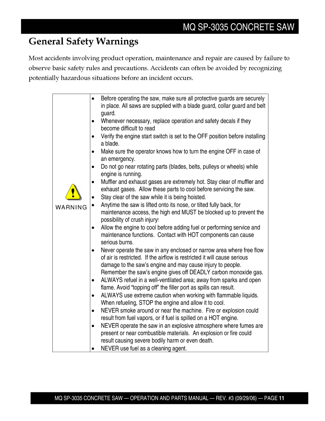 Multiquip SP303530, SP303516, SP303526, SP303520 manual General Safety Warnings 