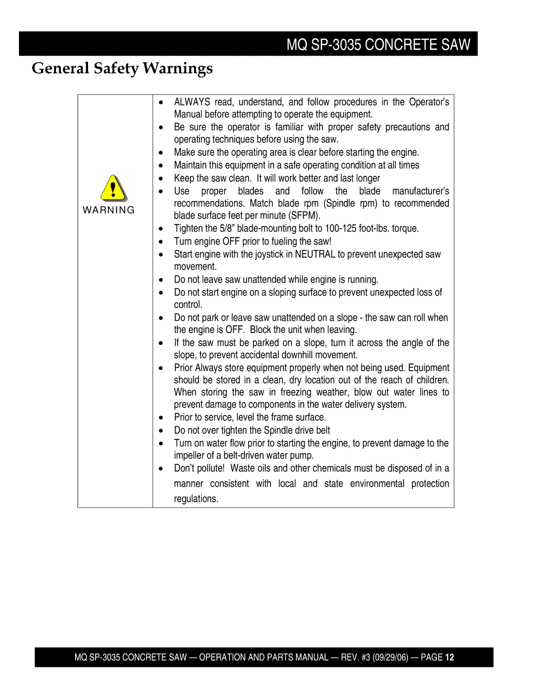 Multiquip SP303526, SP303516, SP303530, SP303520 manual General Safety Warnings 