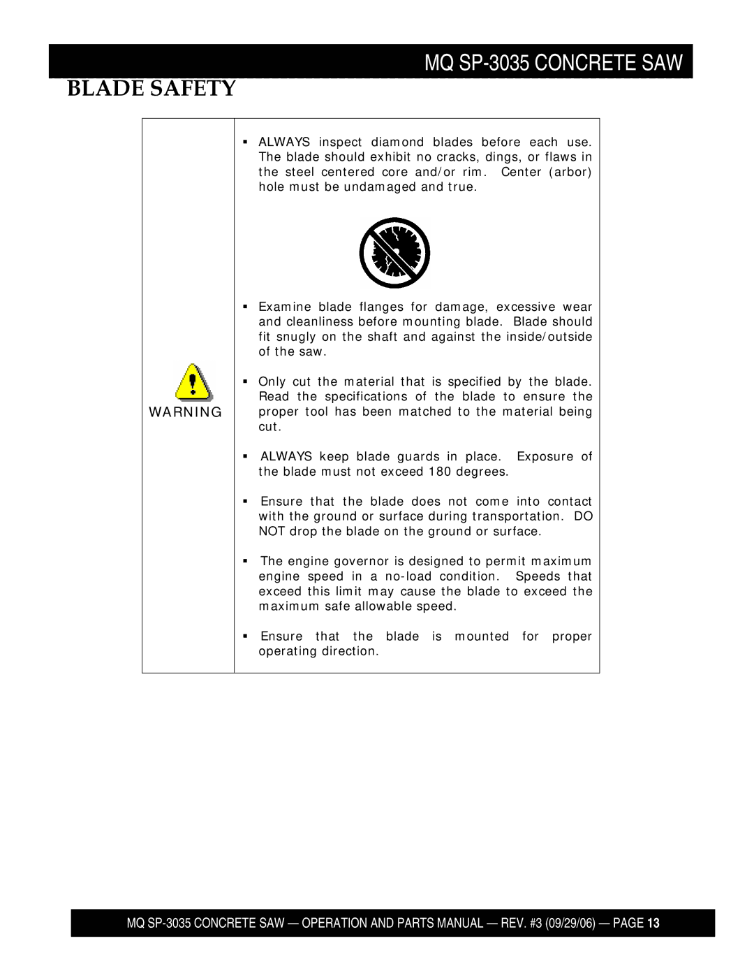 Multiquip SP303520, SP303516, SP303530, SP303526 manual Blade Safety 