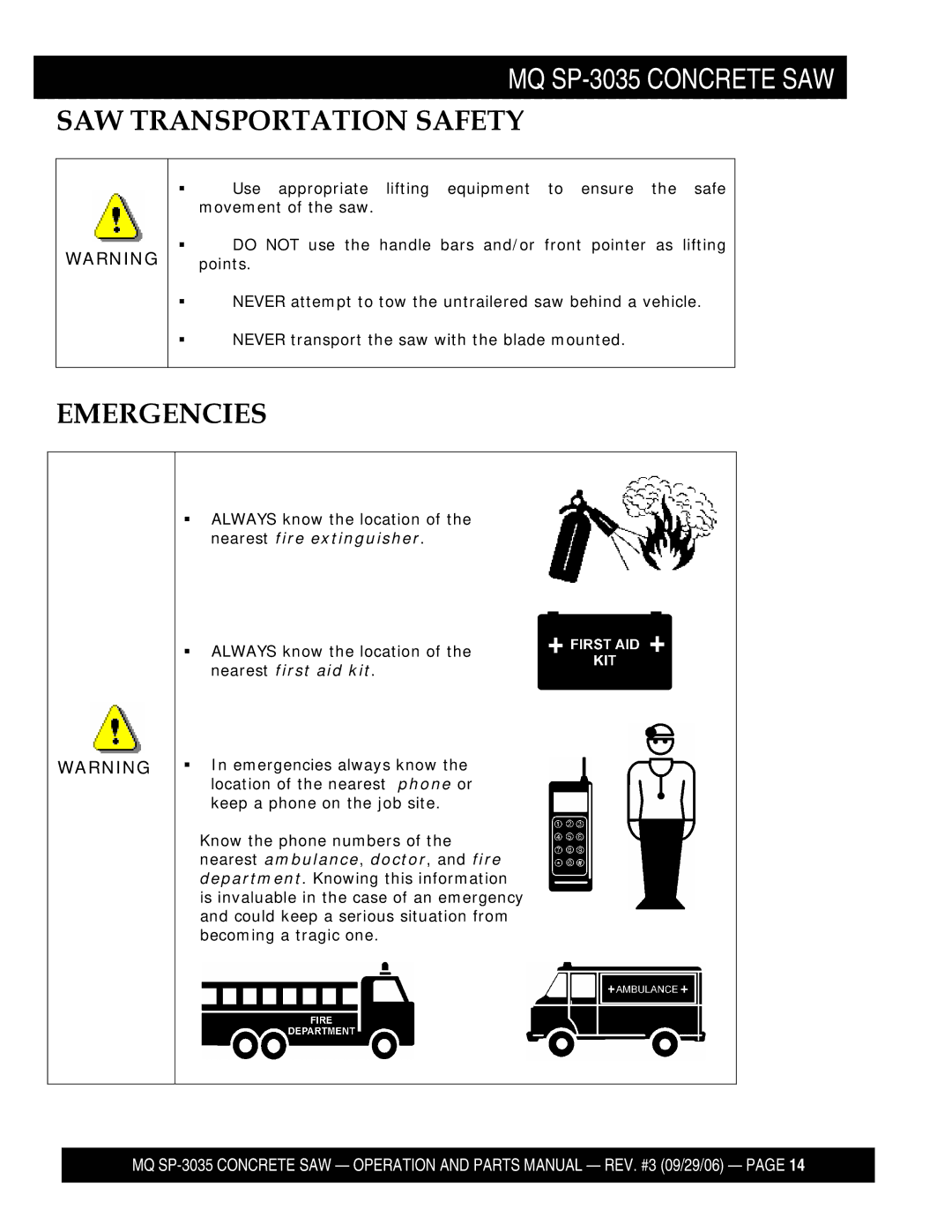 Multiquip SP303516, SP303530, SP303526, SP303520 manual SAW Transportation Safety 