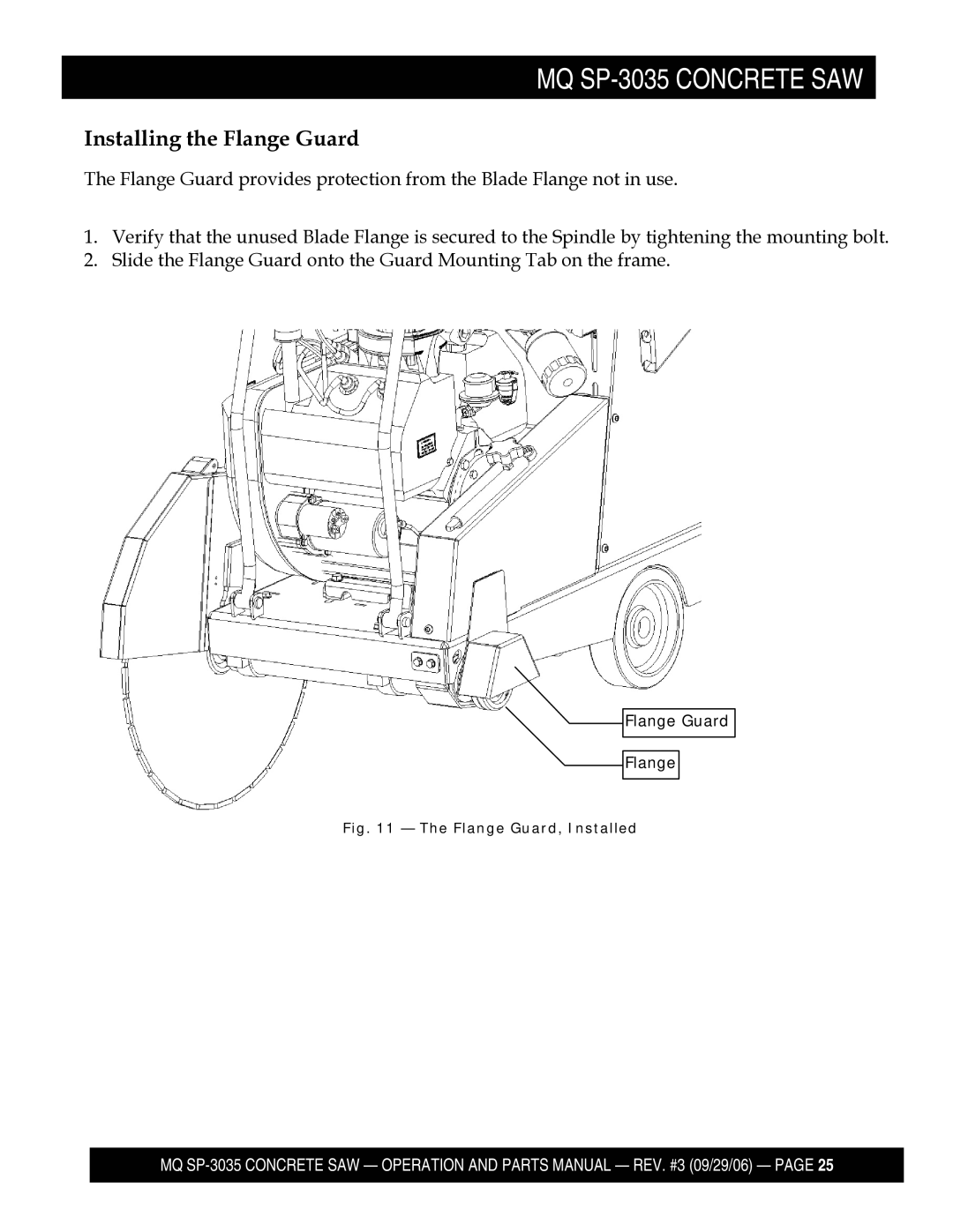 Multiquip SP303520, SP303516, SP303530, SP303526 manual Installing the Flange Guard, Flange Guard, Installed 