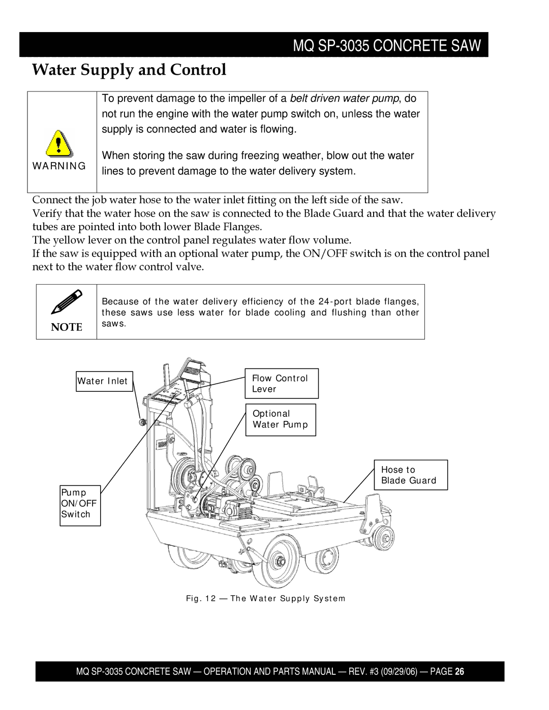 Multiquip SP303516, SP303530, SP303526, SP303520 manual Water Supply and Control, Water Supply System 