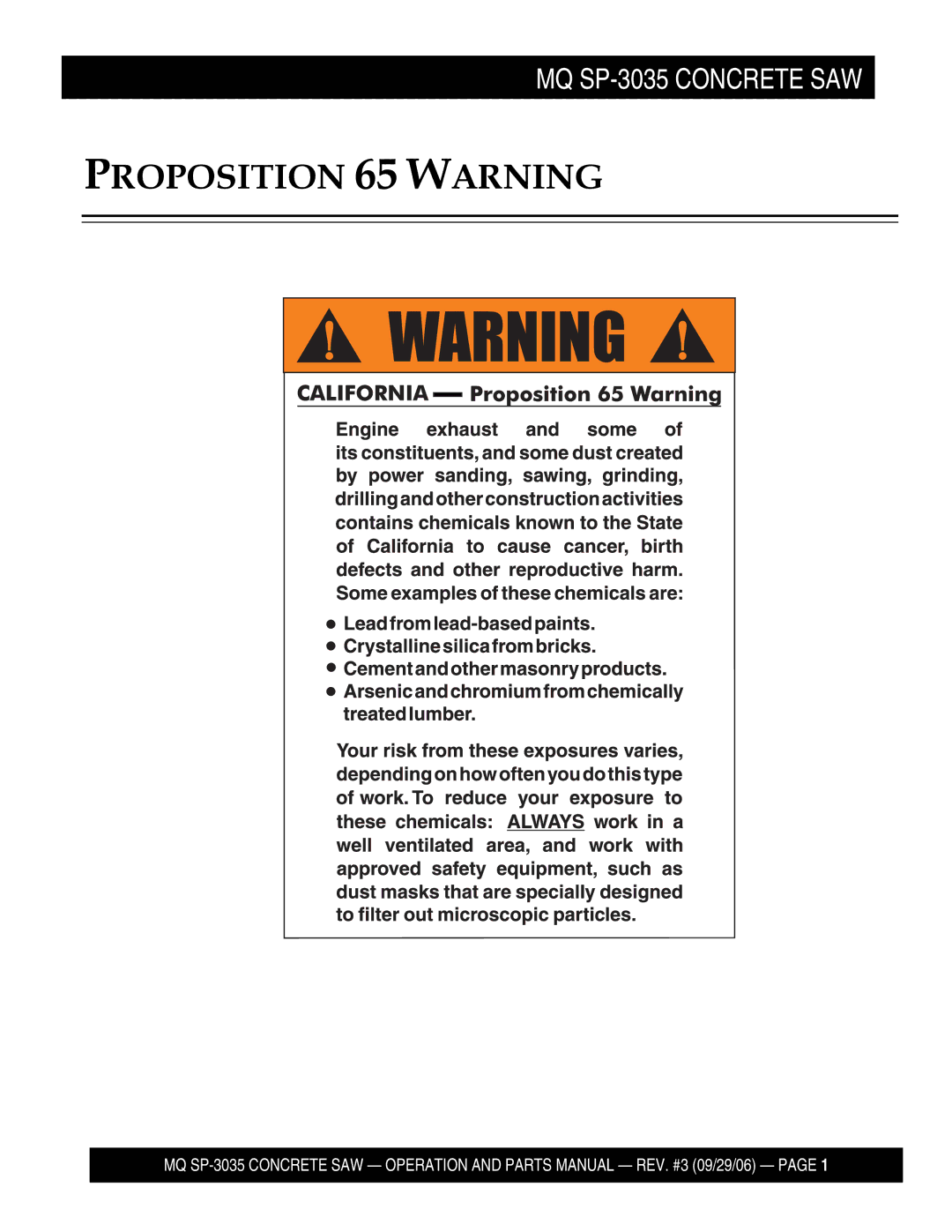 Multiquip SP303520, SP303516, SP303530, SP303526 manual Proposition 65 Warning 