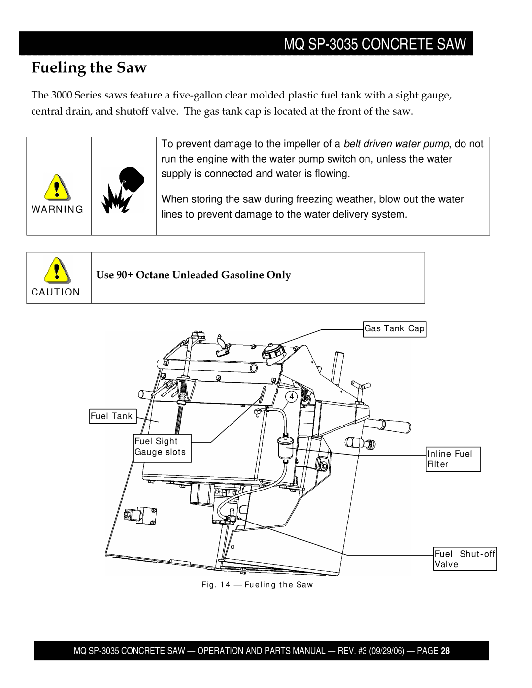 Multiquip SP303526, SP303516, SP303530, SP303520 manual Fueling the Saw, Use 90+ Octane Unleaded Gasoline Only 