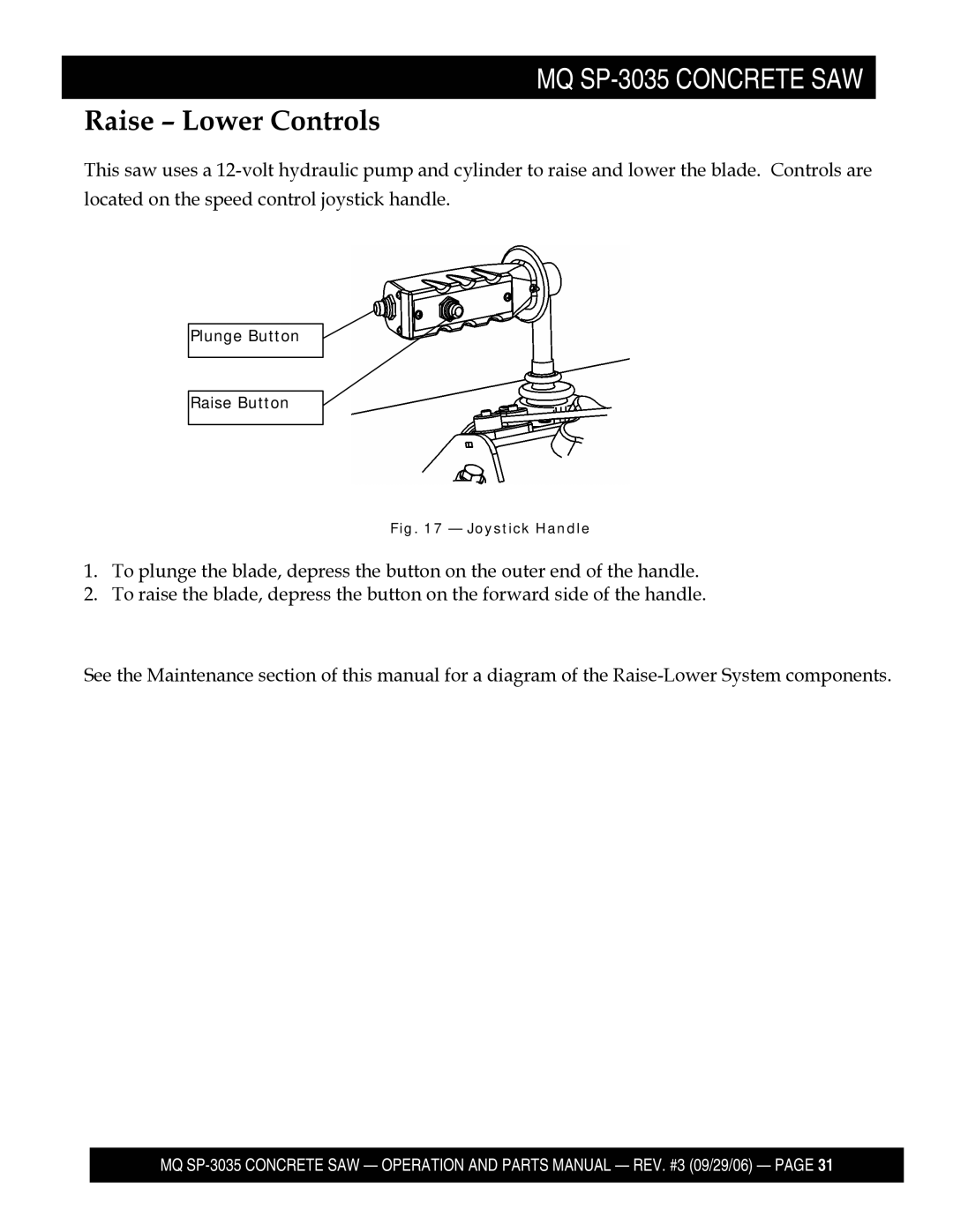 Multiquip SP303530, SP303516, SP303526, SP303520 manual Raise Lower Controls, Joystick Handle 