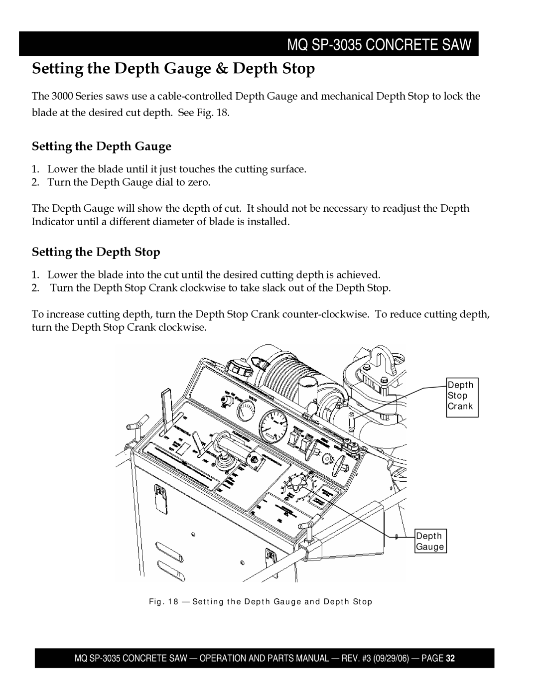 Multiquip SP303526, SP303516, SP303530, SP303520 manual Setting the Depth Gauge & Depth Stop, Setting the Depth Stop 