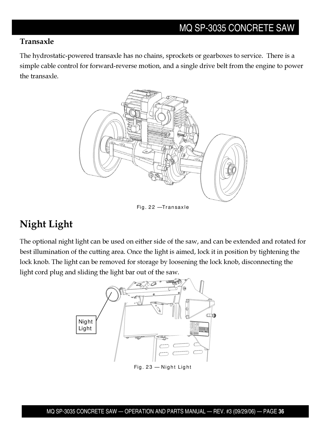 Multiquip SP303526, SP303516, SP303530, SP303520 manual Night Light, Transaxle 