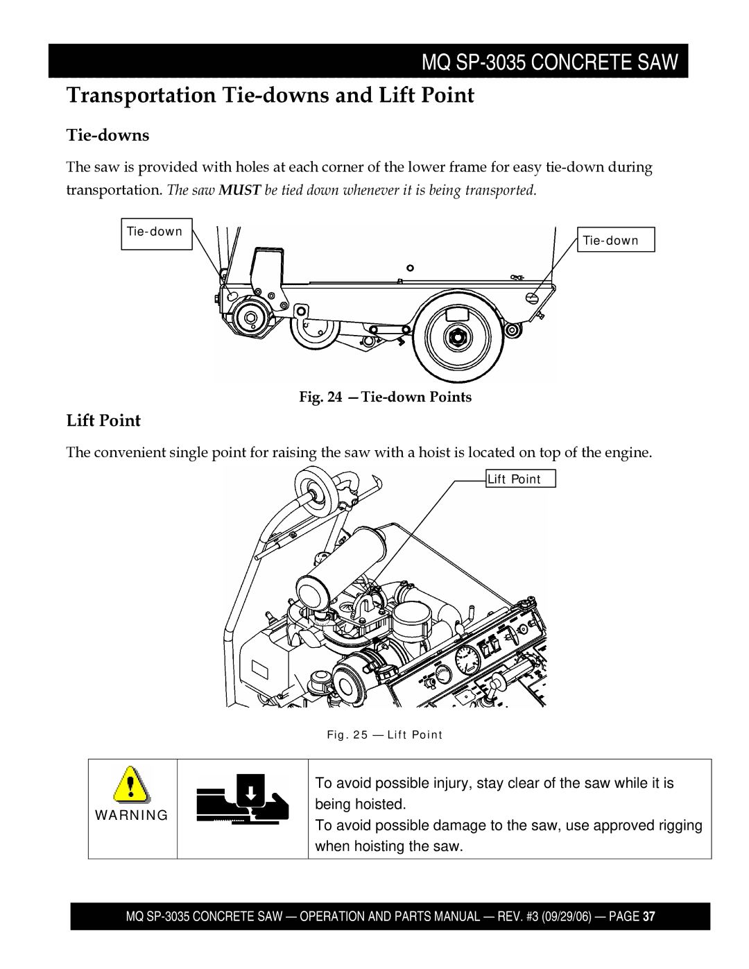 Multiquip SP303520, SP303516, SP303530, SP303526 manual Transportation Tie-downs and Lift Point 