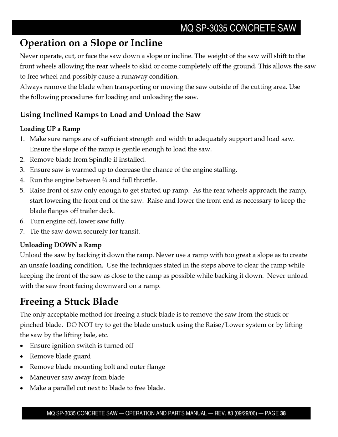 Multiquip SP303516 Operation on a Slope or Incline, Freeing a Stuck Blade, Using Inclined Ramps to Load and Unload the Saw 