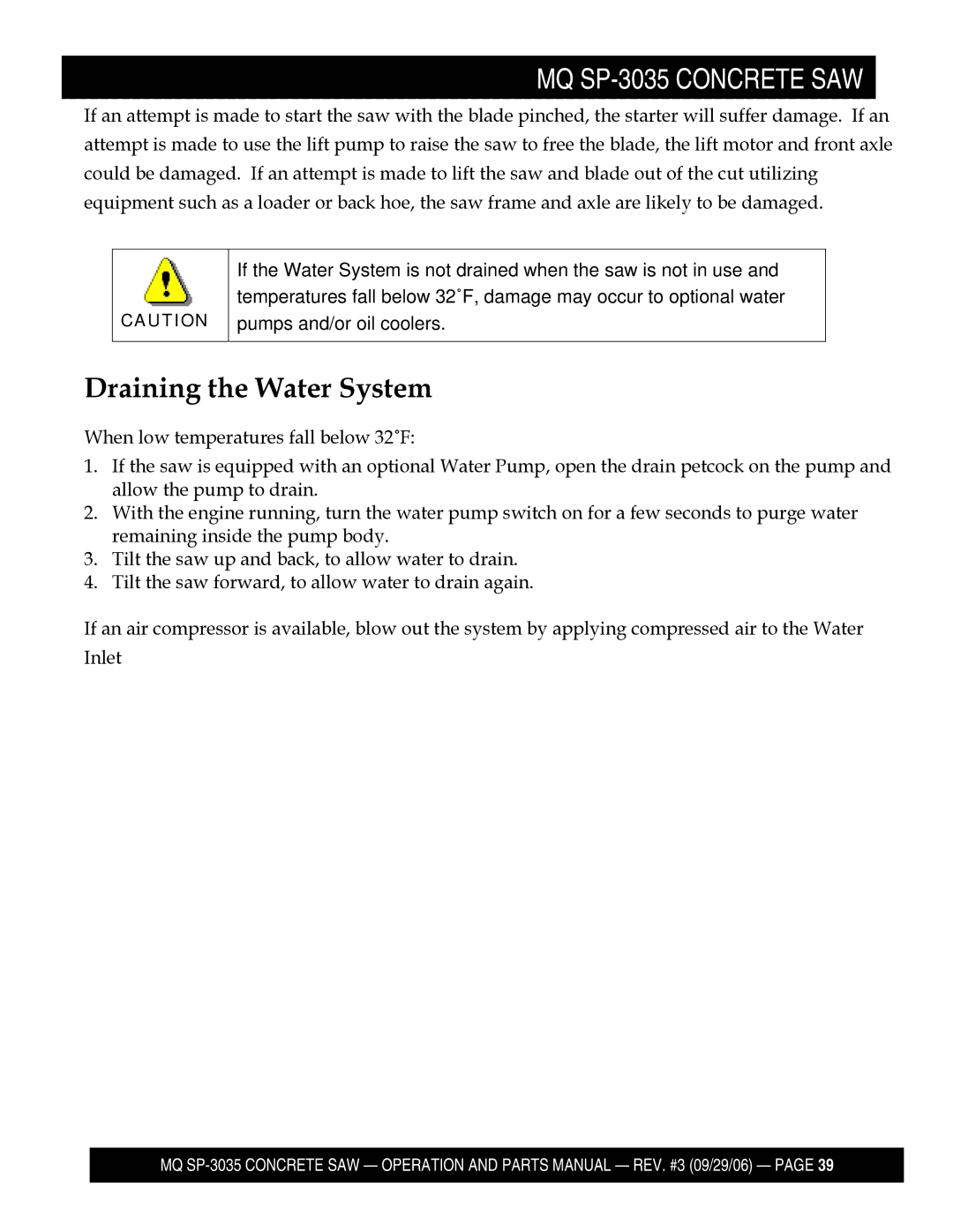 Multiquip SP303530, SP303516, SP303526, SP303520 manual Draining the Water System 