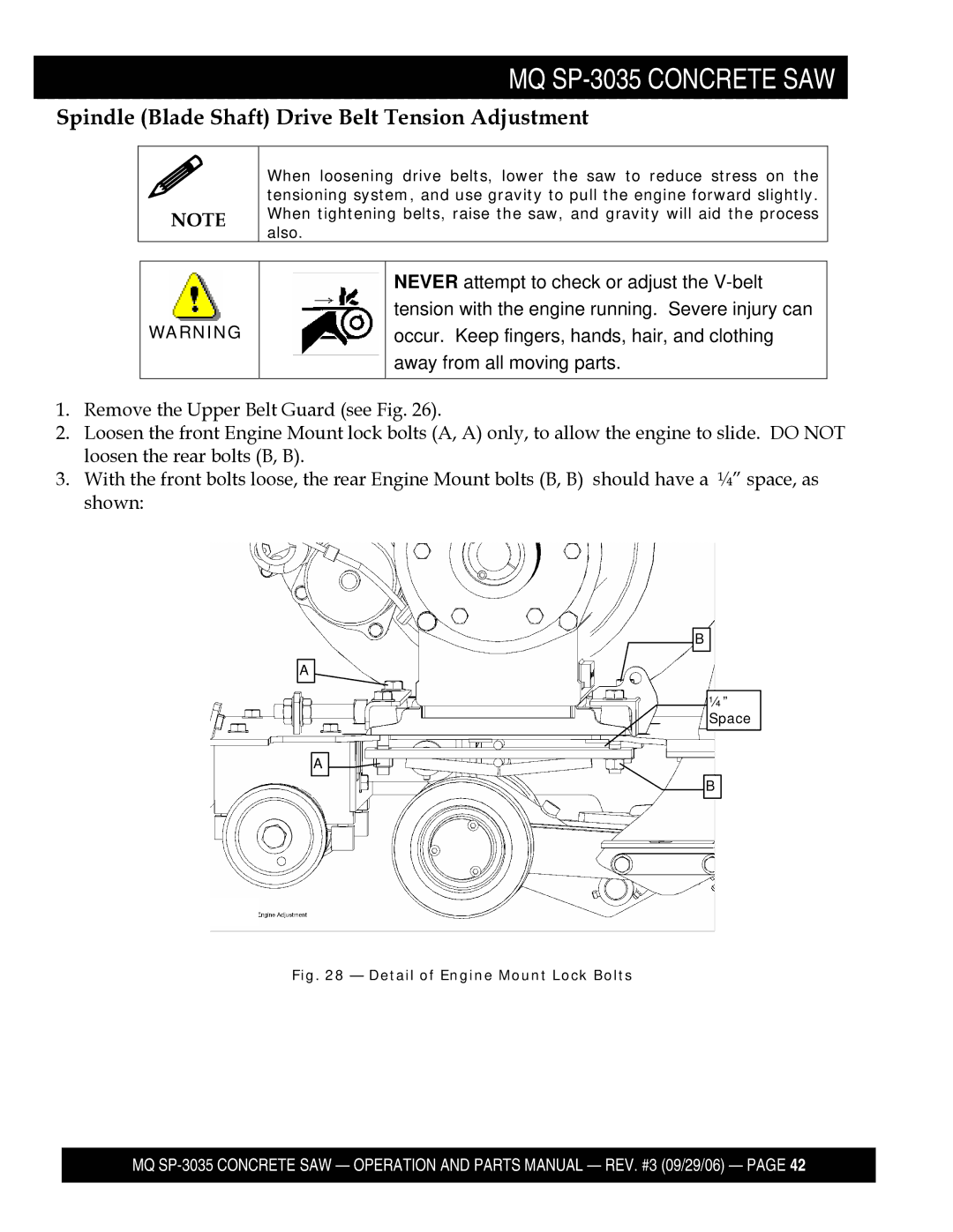 Multiquip SP303516, SP303530, SP303526 Spindle Blade Shaft Drive Belt Tension Adjustment, Detail of Engine Mount Lock Bolts 