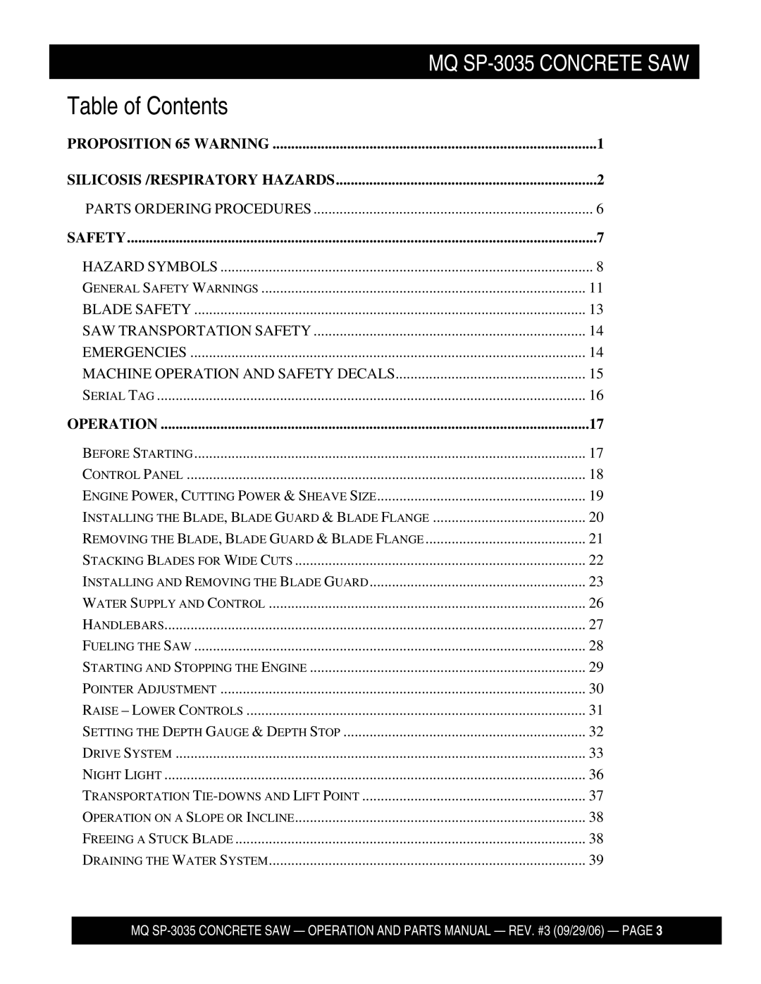 Multiquip SP303530, SP303516, SP303526, SP303520 manual Table of Contents 