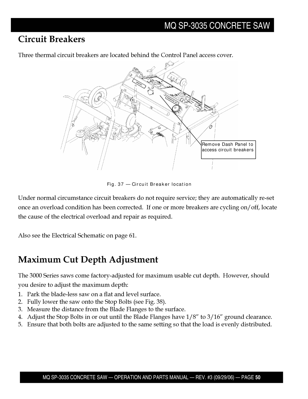 Multiquip SP303516, SP303530, SP303526, SP303520 manual Circuit Breakers, Maximum Cut Depth Adjustment 