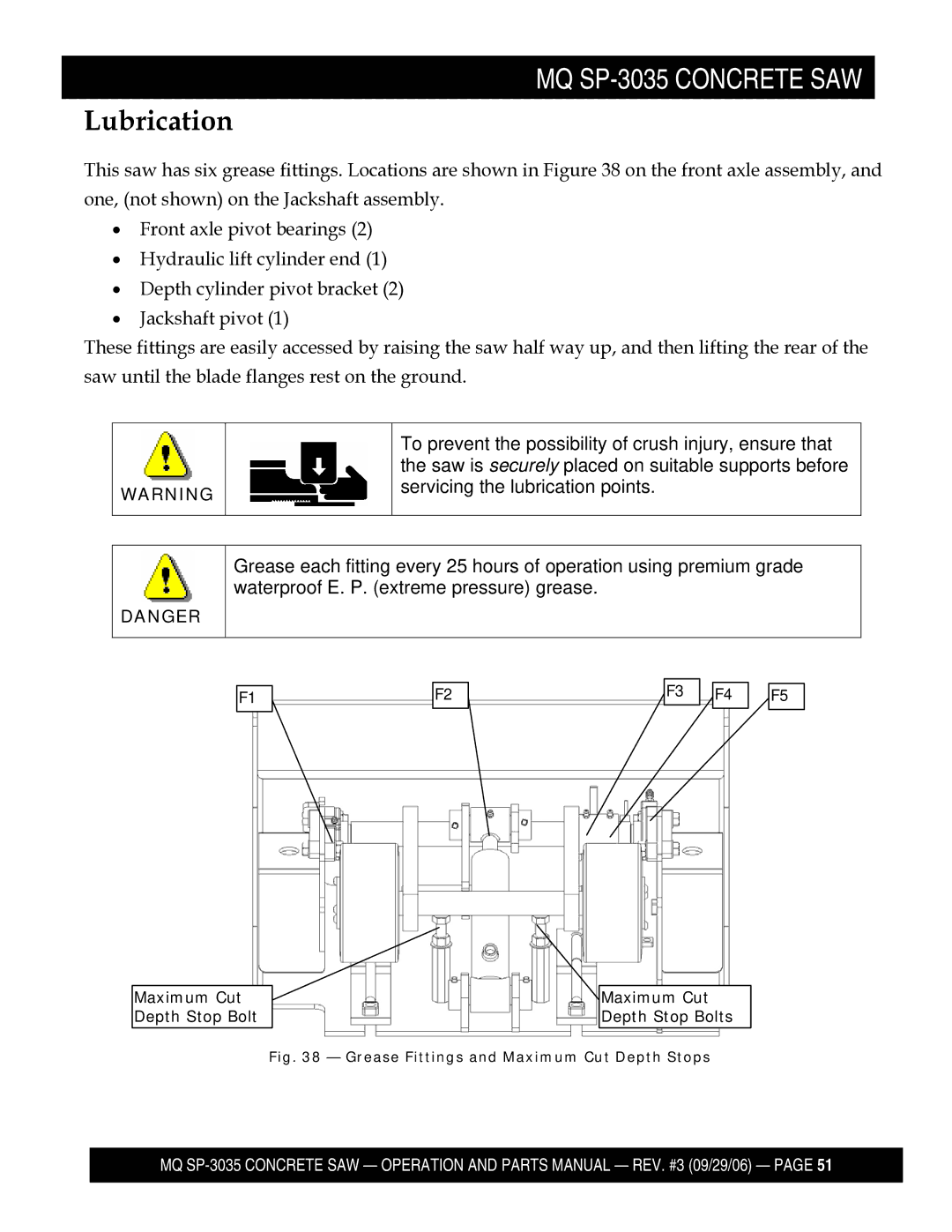 Multiquip SP303530, SP303516, SP303526, SP303520 manual Lubrication, Grease Fittings and Maximum Cut Depth Stops 