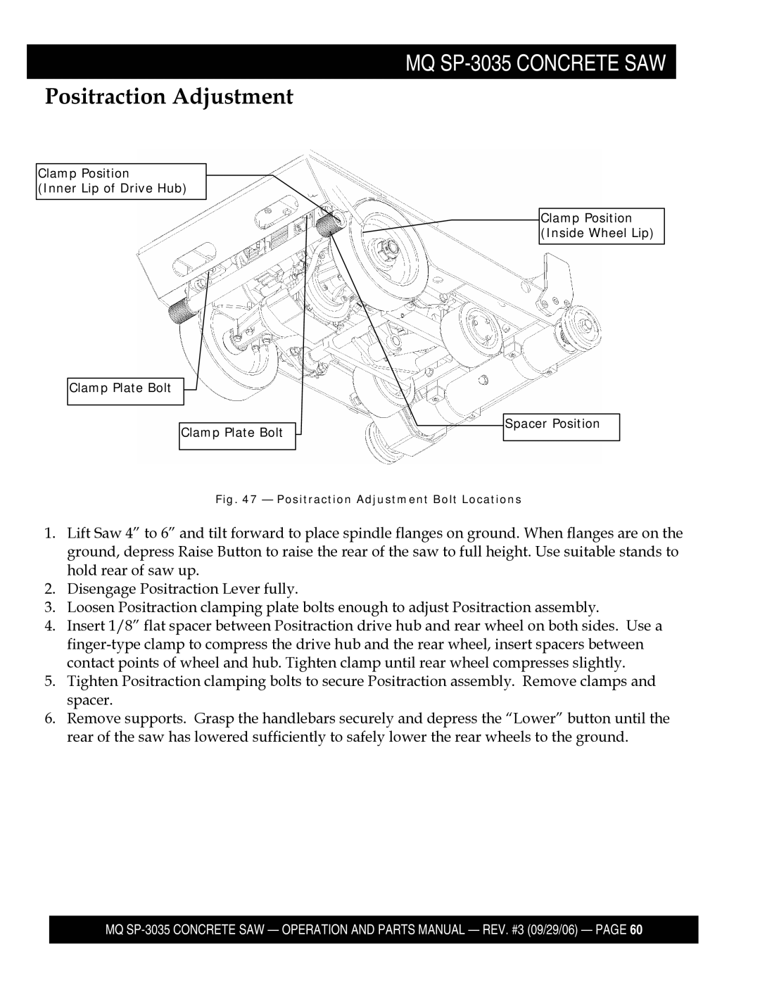 Multiquip SP303526, SP303516, SP303530, SP303520 manual Positraction Adjustment Bolt Locations 