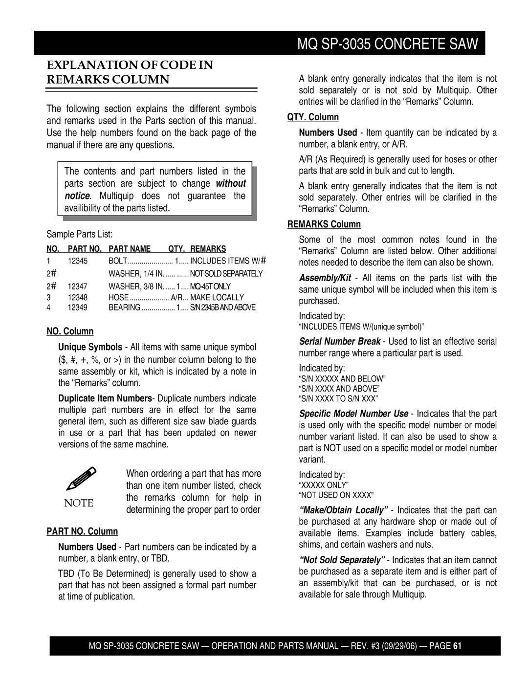 Multiquip SP303520, SP303516, SP303530, SP303526 manual Explanation of Code in Remarks Column 