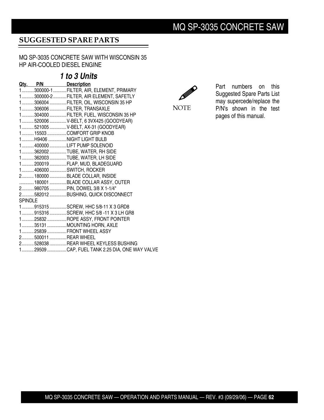 Multiquip SP303516, SP303530, SP303526, SP303520 manual To 3 Units 