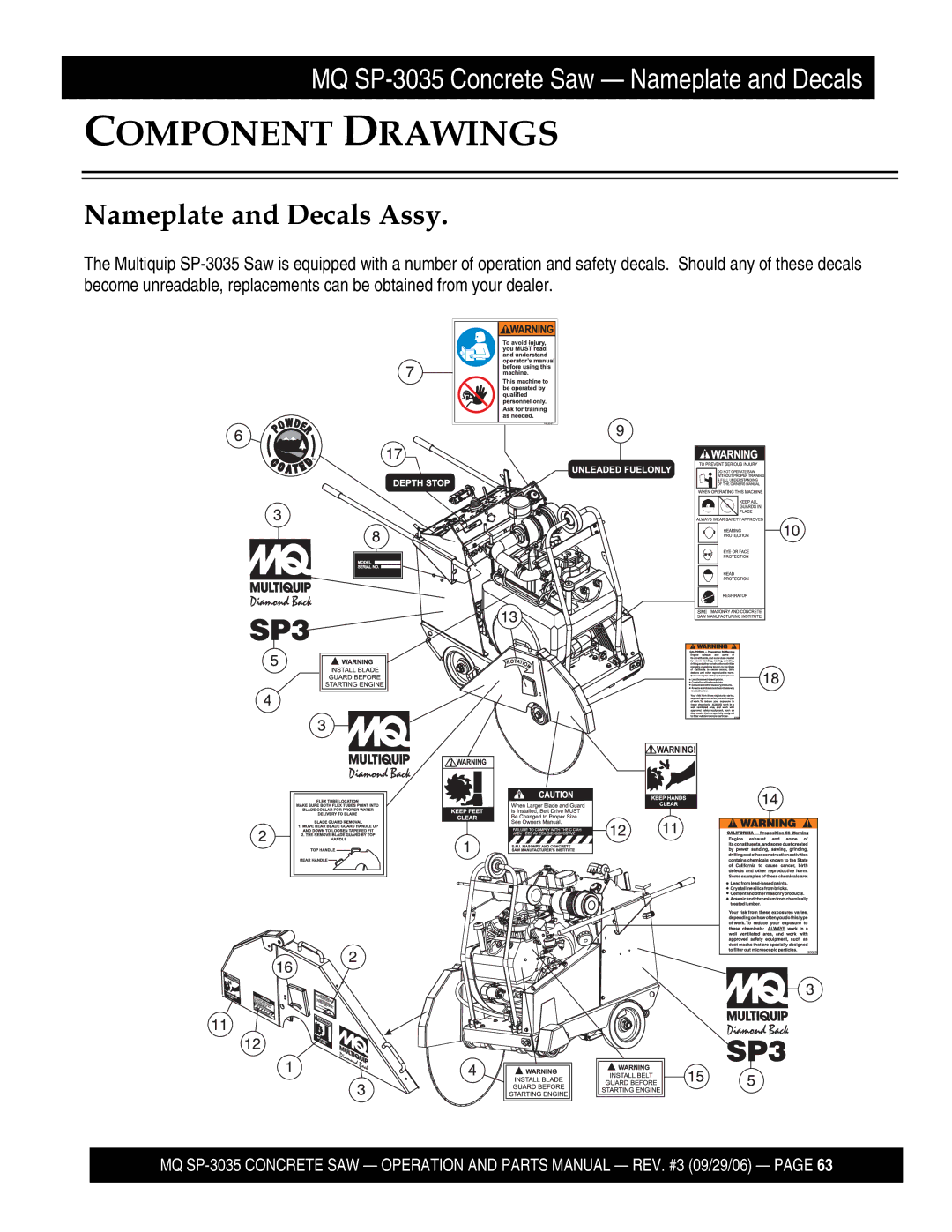 Multiquip SP303530, SP303516, SP303526, SP303520 manual Component Drawings, Nameplate and Decals Assy 