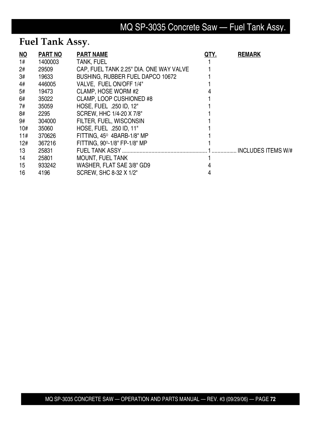 Multiquip SP303526 TANK, Fuel, BUSHING, Rubber Fuel Dapco, VALVE, Fuel ON/OFF 1/4, CLAMP, Hose Worm #2, MOUNT, Fuel Tank 