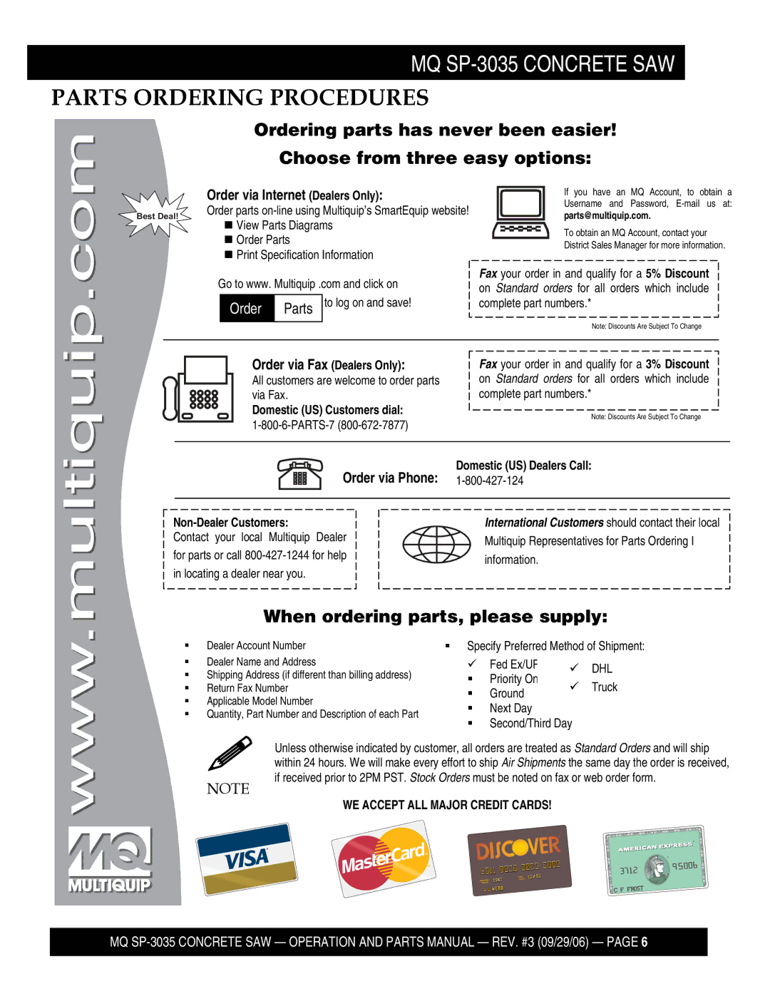 Multiquip SP303516, SP303530, SP303526, SP303520 manual Parts Ordering Procedures 