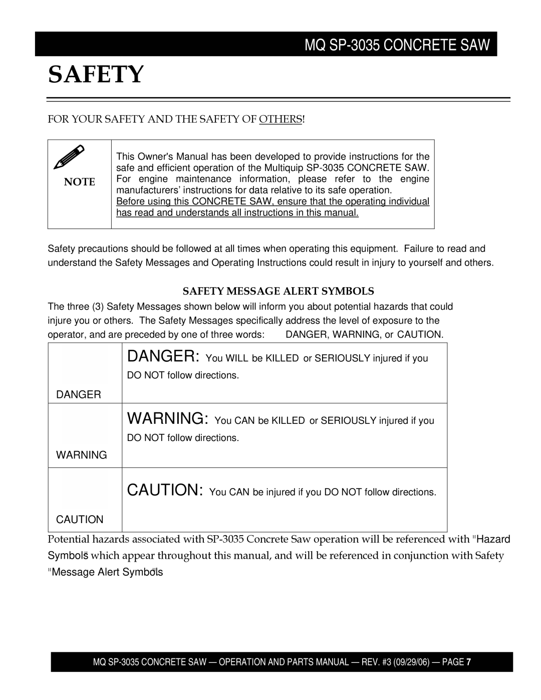 Multiquip SP303530, SP303516, SP303526, SP303520 manual Safety 