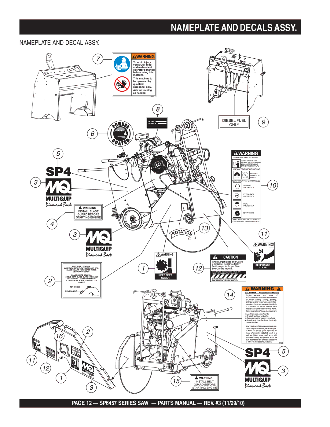 Multiquip SP6457 manual Nameplate and Decals Assy, Nameplate and Decal Assy 