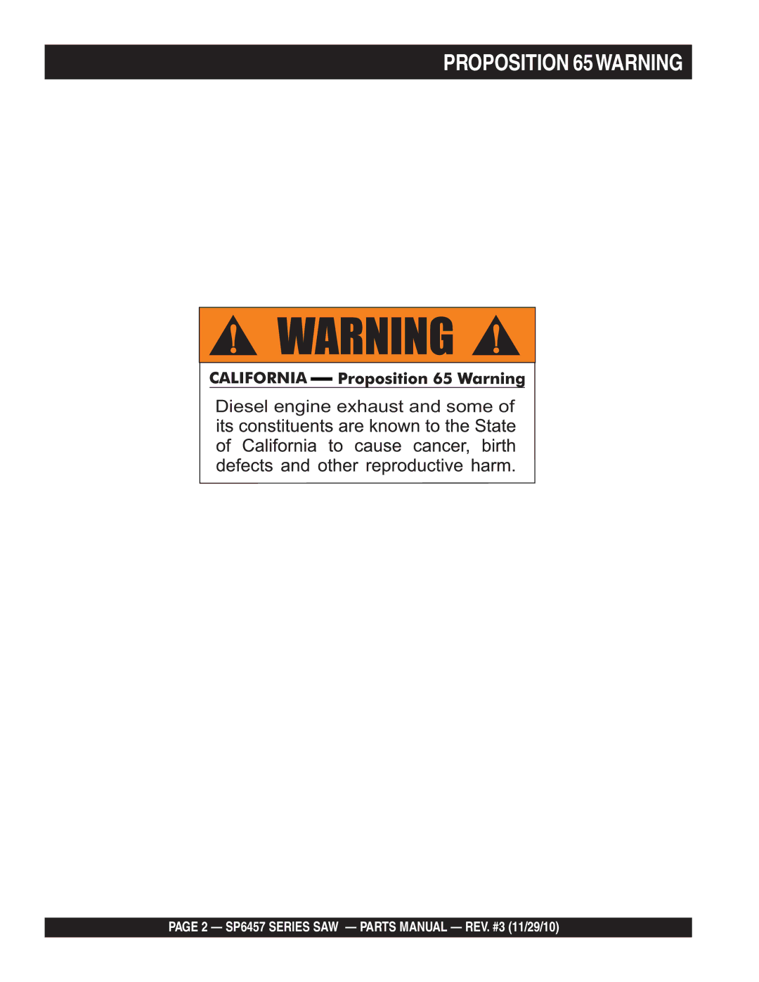 Multiquip SP6457 manual Proposition 65WARNING 