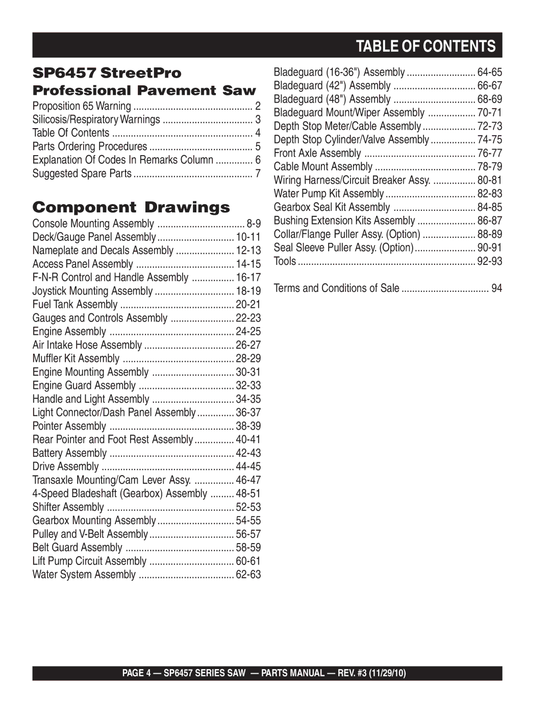 Multiquip SP6457 manual Table of Contents 