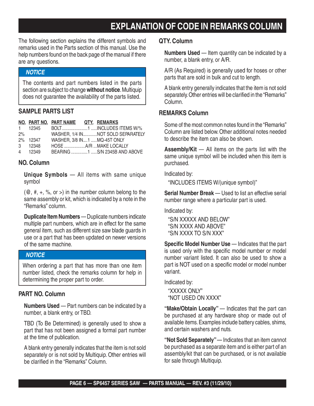 Multiquip SP6457 manual Explanation of Code in Remarks Column, Xxxxx only Not Used on 