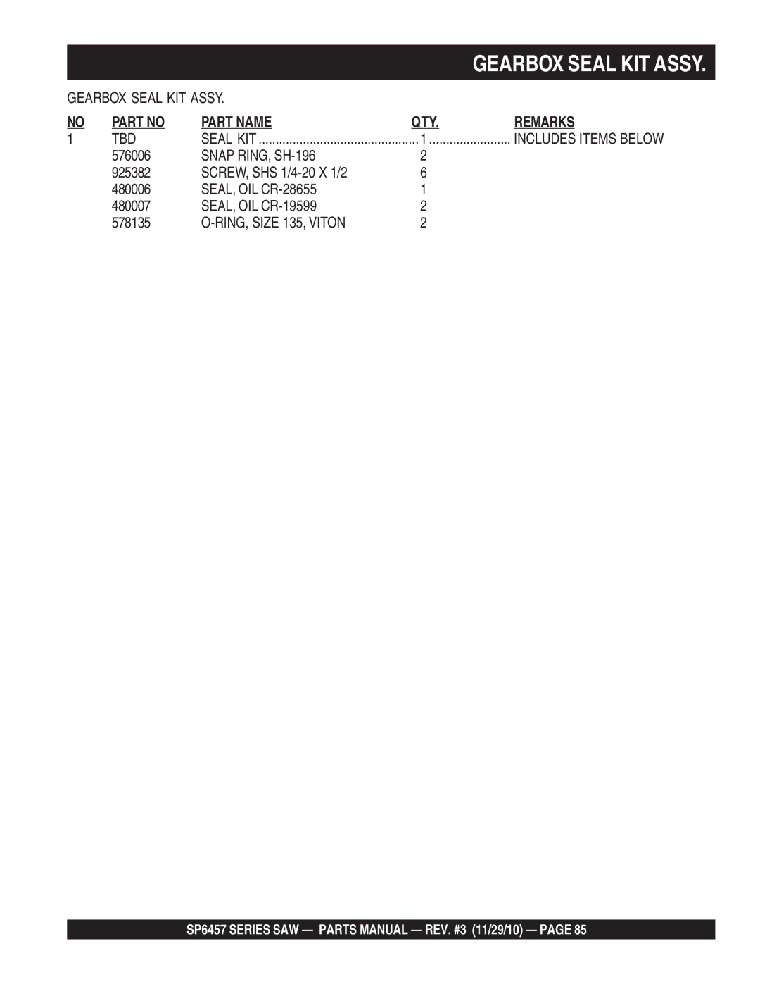 Multiquip SP6457 manual Gearbox Seal KIT Assy, Includes Items below, Snap RING, SH-196, RING, Size 135, Viton 