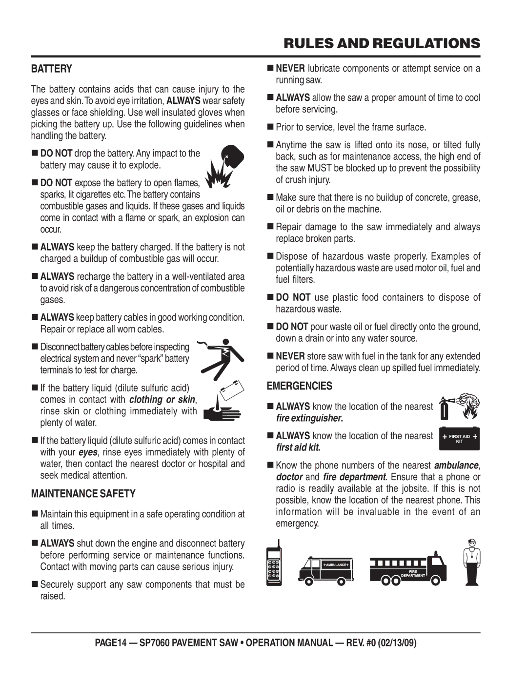 Multiquip SP706026, SP706020, SP706016, SP706036, SP706030 operation manual Battery, Maintenance Safety, Emergencies 