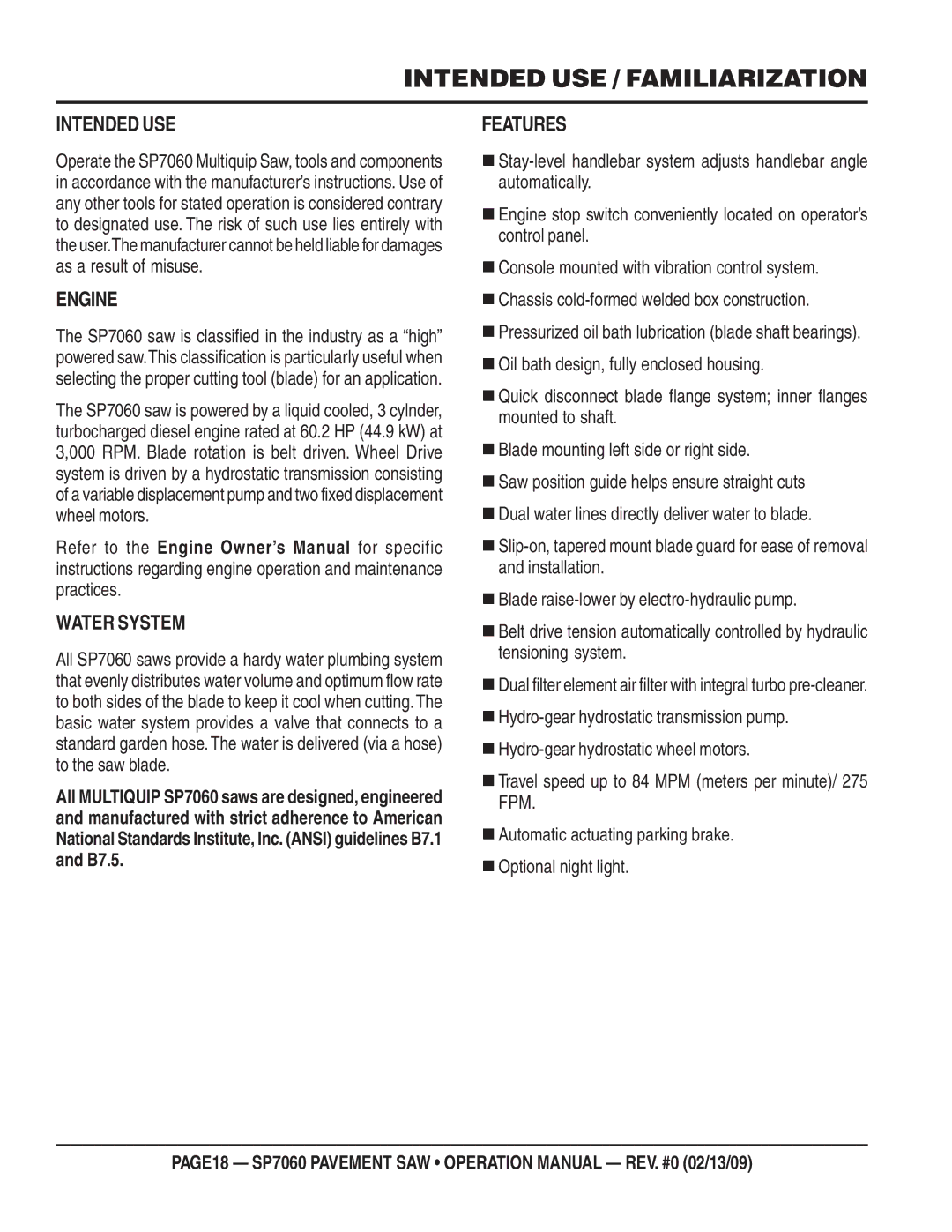 Multiquip SP706030, SP706020, SP706016, SP706036, SP706026 Intended USE / Familiarization, Engine, Water System, Features 