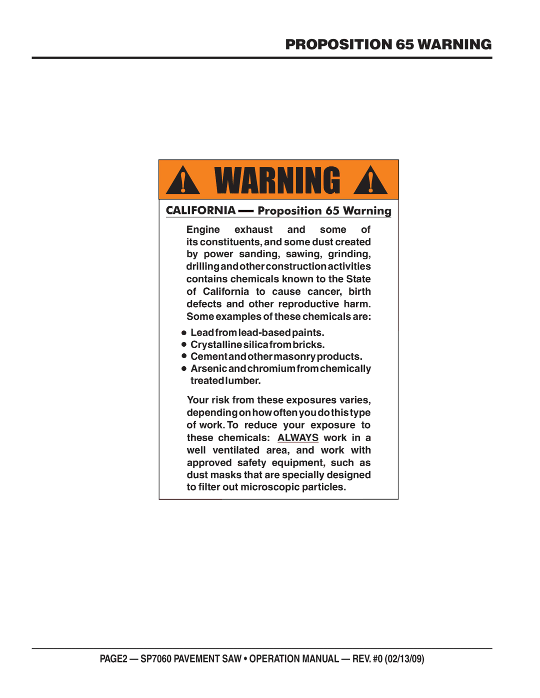 Multiquip SP706036, SP706020, SP706016, SP706030, SP706026 operation manual Proposition 65 Warning 