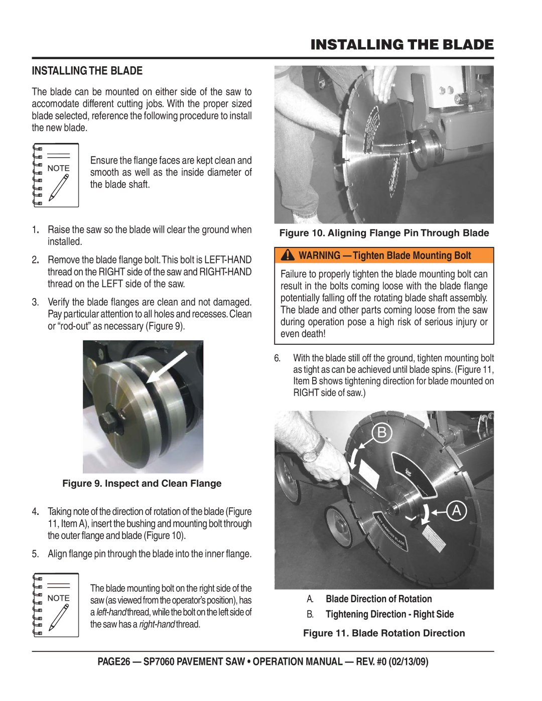 Multiquip SP706016, SP706020, SP706036 Installing the Blade, Align flange pin through the blade into the inner flange 