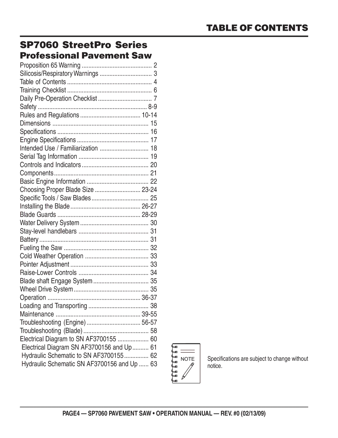 Multiquip SP706026, SP706020, SP706016, SP706036, SP706030 operation manual Table of Contents 