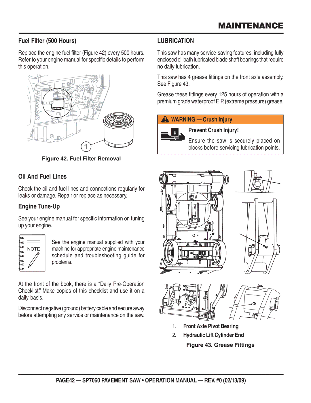 Multiquip SP706036, SP706020, SP706016, SP706030 Fuel Filter 500 Hours, Oil And Fuel Lines, Engine Tune-Up, Lubrication 