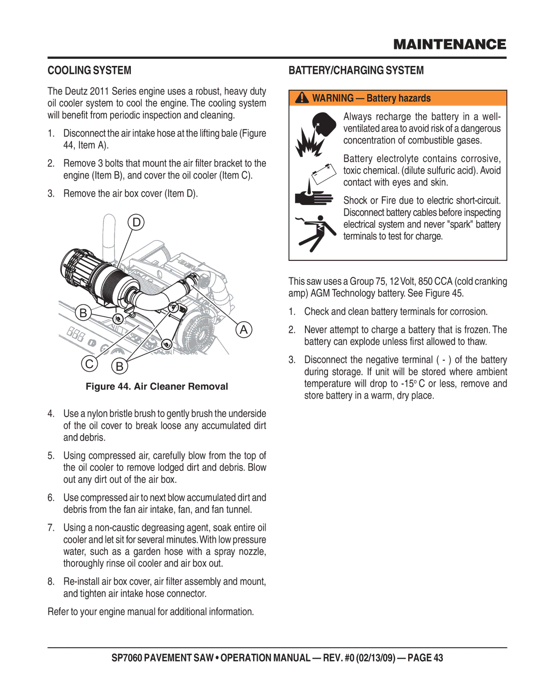 Multiquip SP706030 Cooling System, BATTERY/CHARGING System, Disconnect the air intake hose at the lifting bale , Item a 