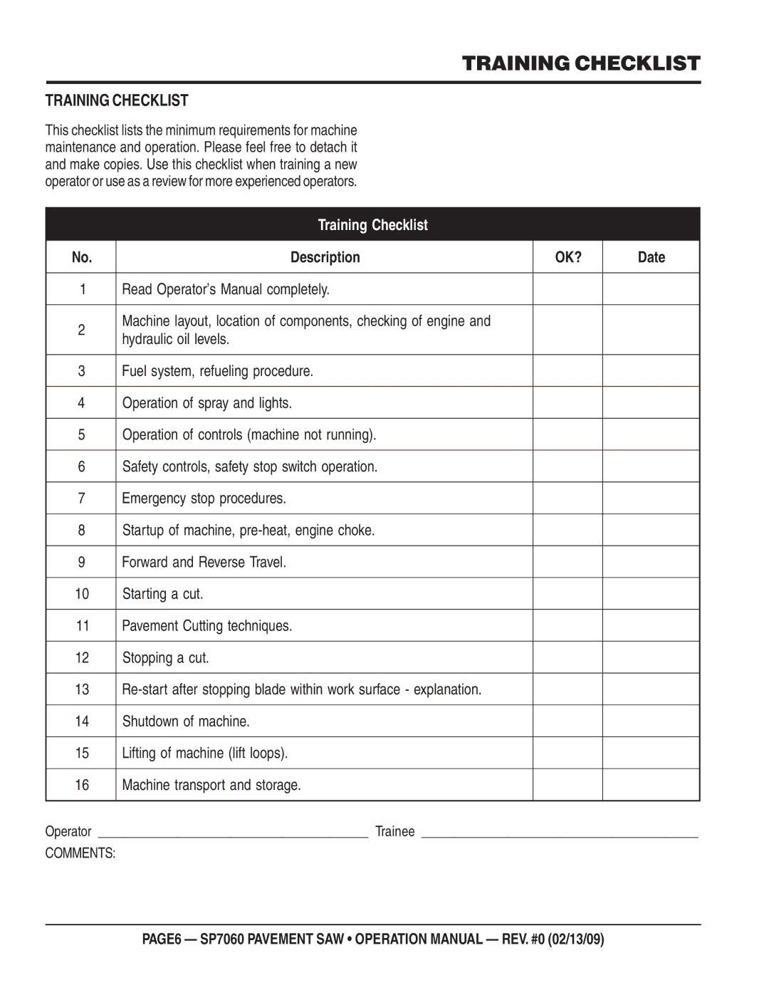 Multiquip SP706016, SP706020, SP706036, SP706030, SP706026 Training Checklist, Read Operator’s Manual completely 