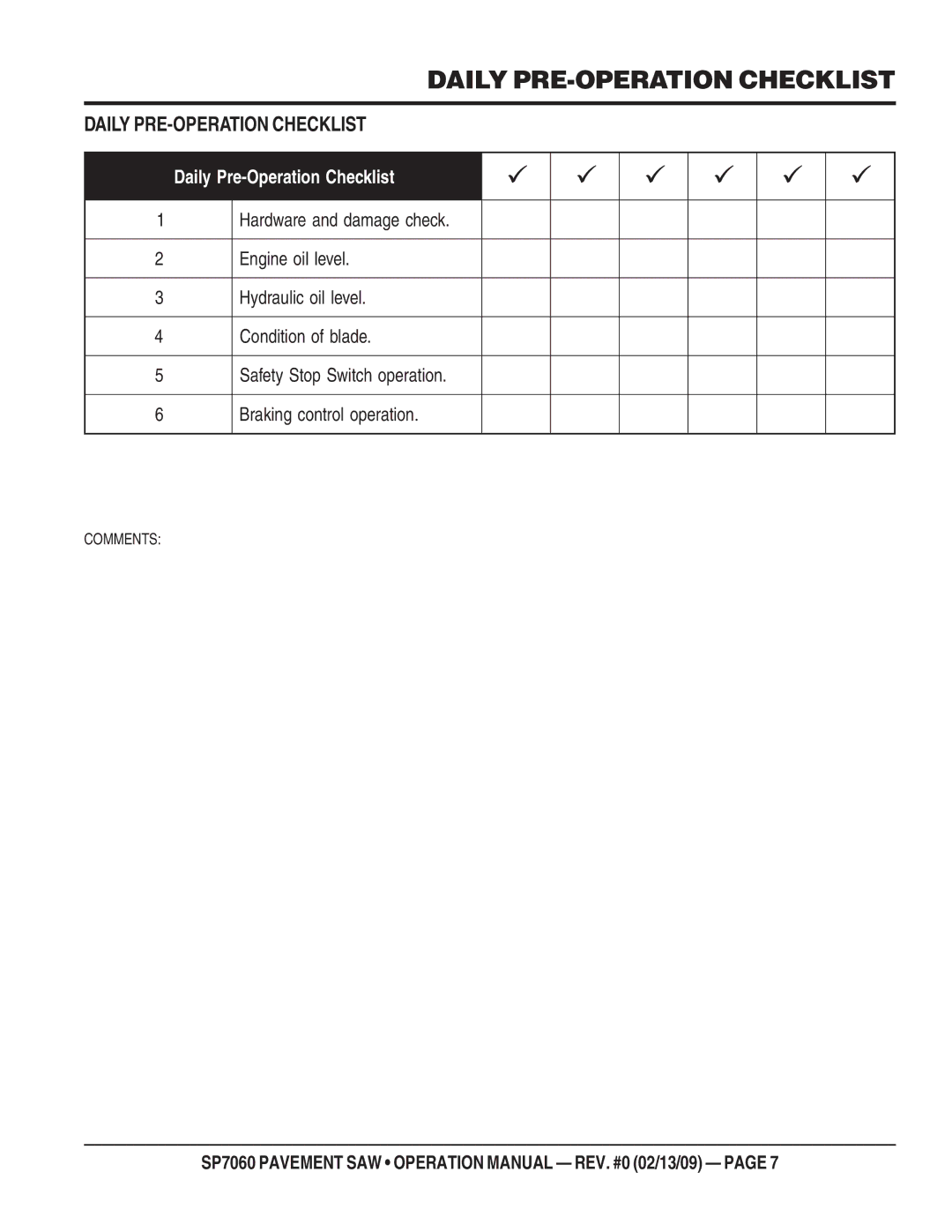 Multiquip SP706036, SP706020, SP706016, SP706030, SP706026 Daily PRE-OPERATION Checklist, Hardware and damage check 