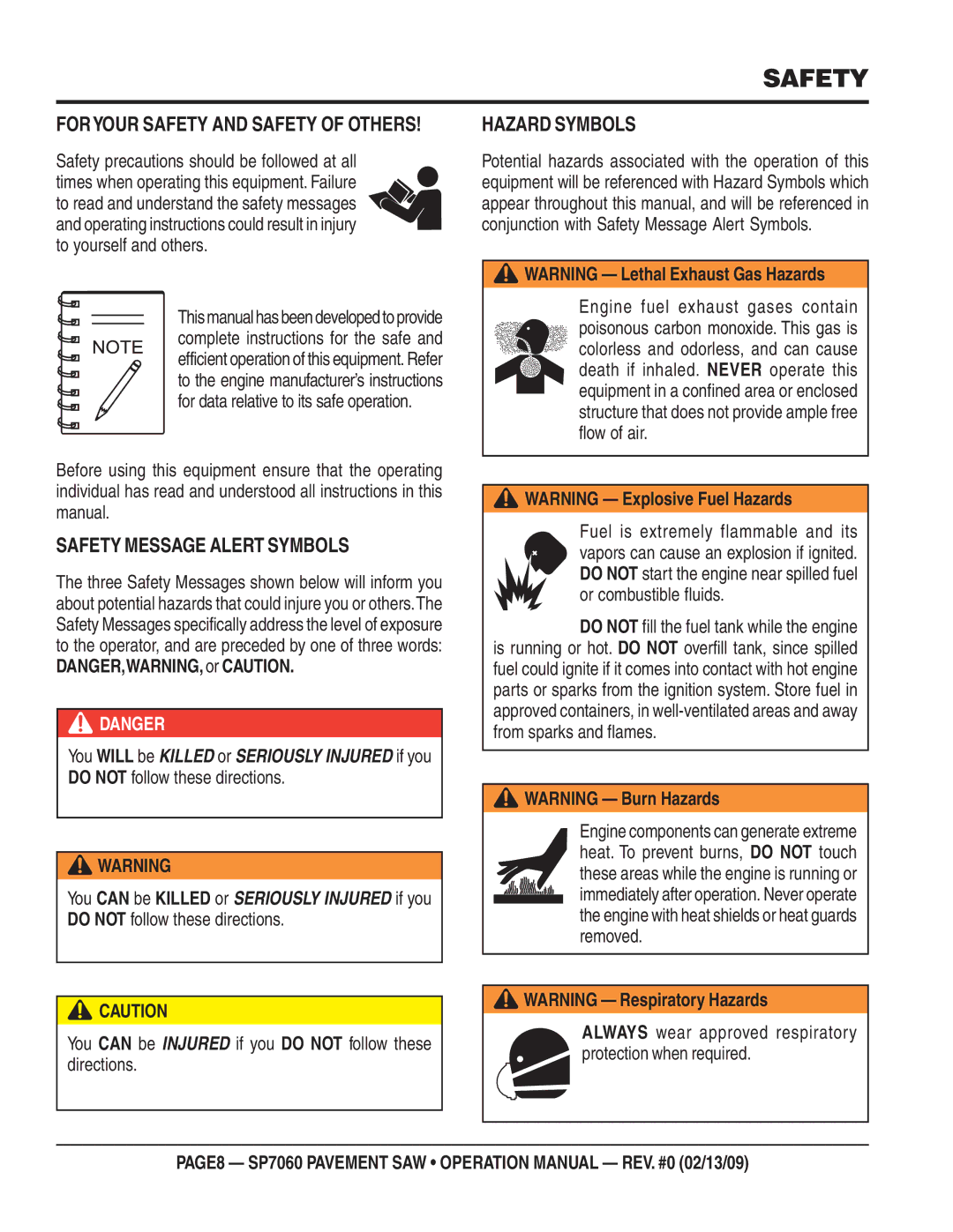 Multiquip SP706030, SP706020, SP706016, SP706036, SP706026 operation manual Safety Message Alert Symbols, Hazard Symbols 