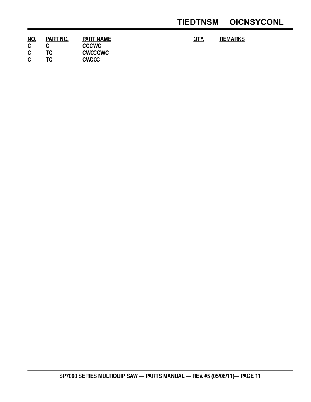 Multiquip SP706036, SP706020, SP706030, SP706026, SP706012 manual Part Name, DECAL, MAINTENANCE, 7000 Series 